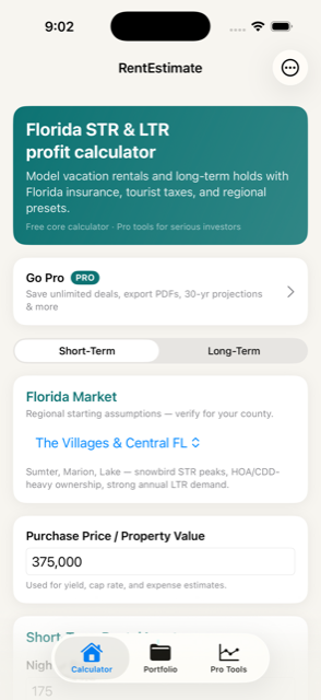 RentEstimate app — Florida STR and LTR calculator with The Villages preset